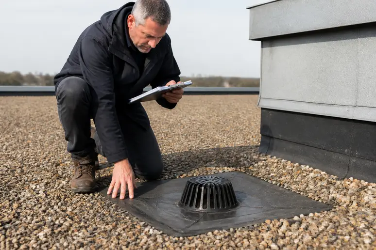 Technicien contrôlant l'étanchéité et le système d'évacuation des eaux pluviales sur une toiture-terrasse