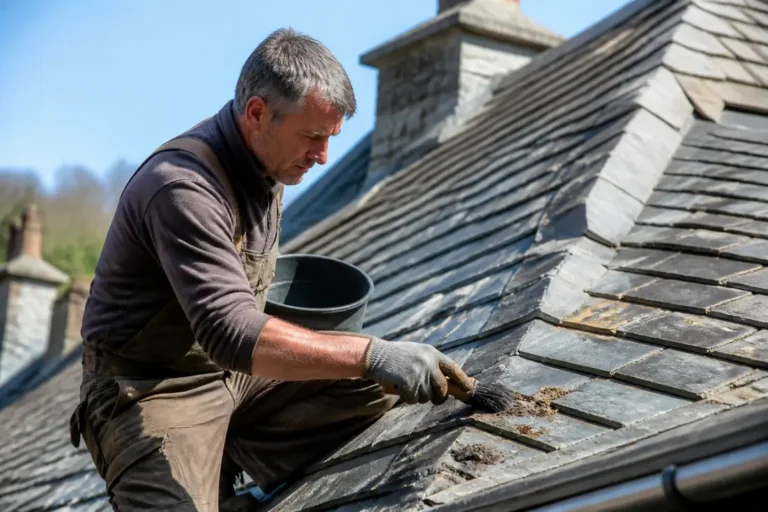Artisan inspectant attentivement l'entretien toiture ardoise sur une maison alsacienne traditionnelle.