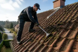 Un artisan nettoie la toiture d'une maison pour l'entretien toiture locataire ou propriétaire
