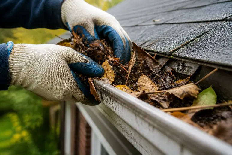 Nettoyage des feuilles et débris dans un chéneau pour l'entretien de la toiture terrasse.