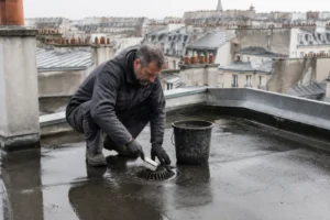 Homme effectuant l'entretien d'une toiture terrasse résidentielle, vérifiant le drainage et le revêtement.