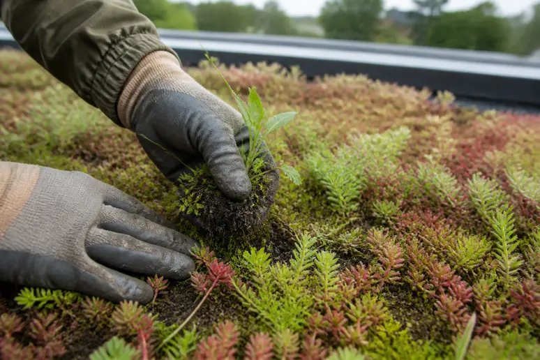 Jardinier arrachant à la main les plantes indésirables lors de l entretien de sa toiture végétalisée