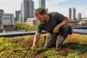 Un paysagiste effectue un entretien toiture végétalisée en désherbant les sedums sur un toit plat urbain.