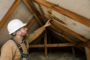 Expert en fuite toiture assurance inspectant des traces d'humidité sous les combles d'une maison