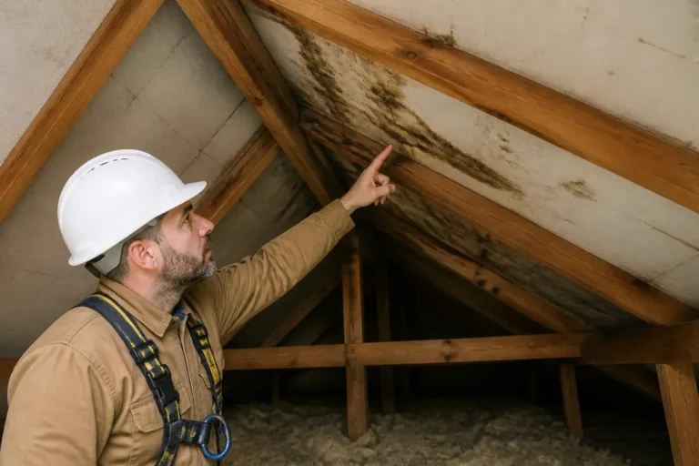 Expert en fuite toiture assurance inspectant des traces d'humidité sous les combles d'une maison