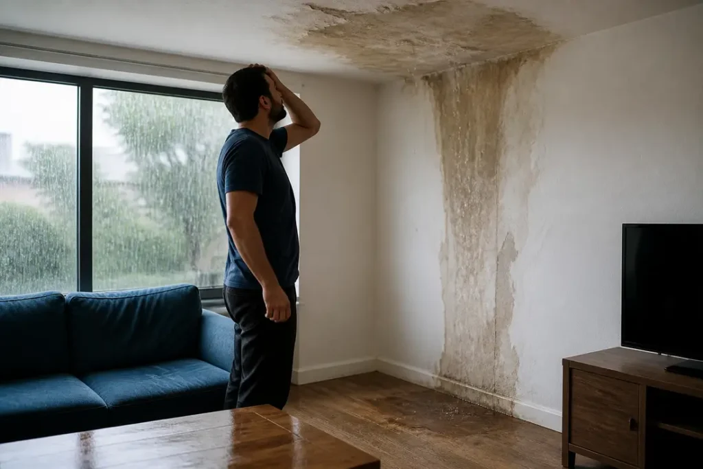 Fuite toiture forte pluie : dégât des eaux sur un plafond et un mur intérieur.