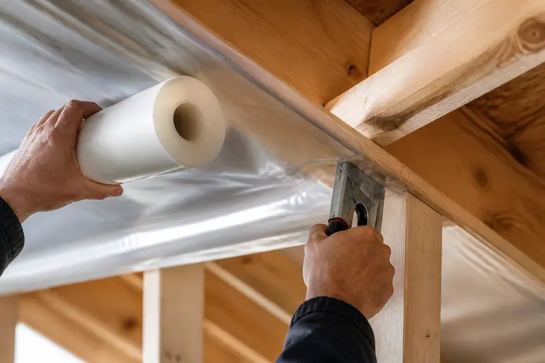 Pose d'un pare-vapeur lors d'une isolation toiture par l'intérieur bien réalisée