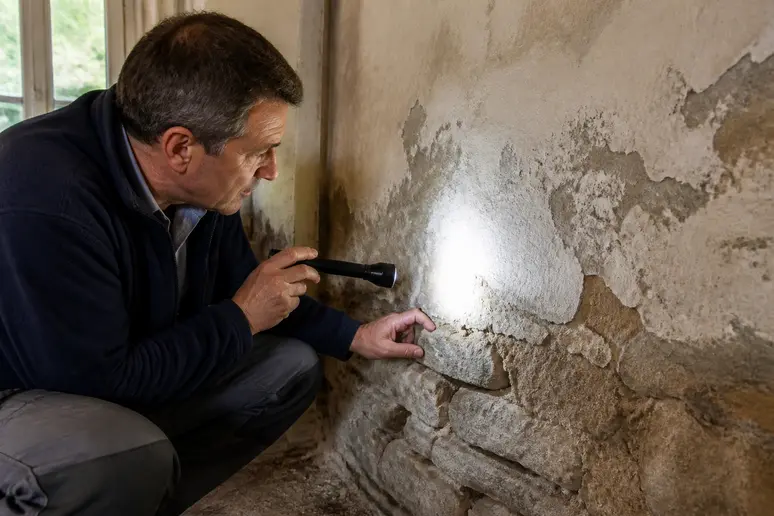 Inspection des bas de murs anciens présentant des traces d'humidité et de salpêtre