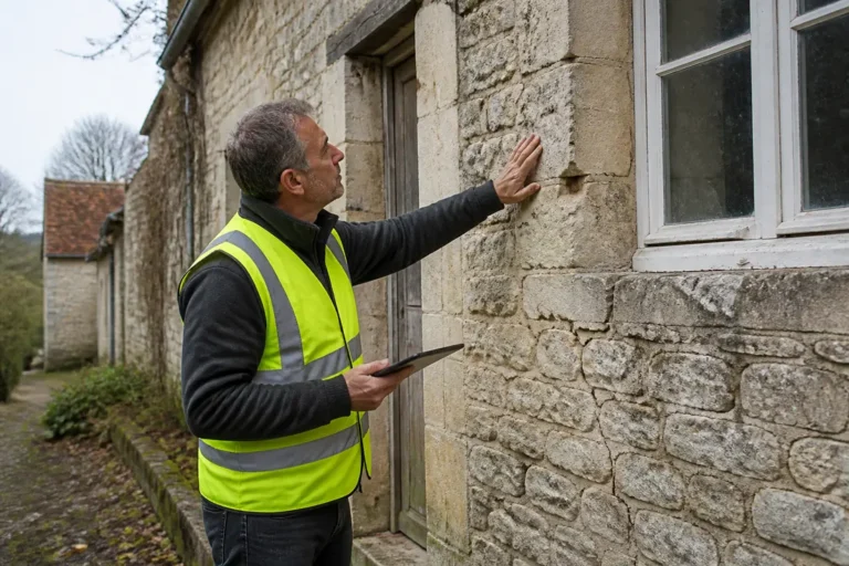 Un expert examine les murs en pierre de maisons anciennes Aisne lors d'une visite technique