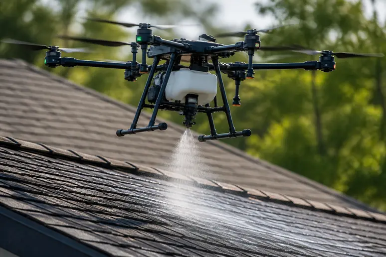 Drone pulvérisant un produit de nettoyage toiture par drone, aspect technique.