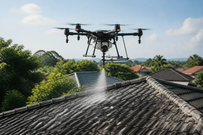 Service de nettoyage toiture par drone en action, application du traitement sur les tuiles.