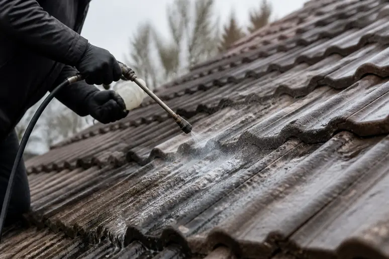 Professionnel réalisant un nettoyage toiture Saint-Quentin avec une lance basse pression sur des tuiles.