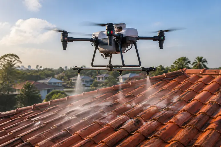 Drone professionnel survolant une toiture pour un nettoyage moderne de couverture