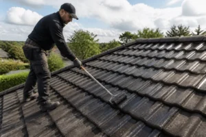 Un artisan applique un traitement professionnel sur les tuiles lors du prix entretien toiture.