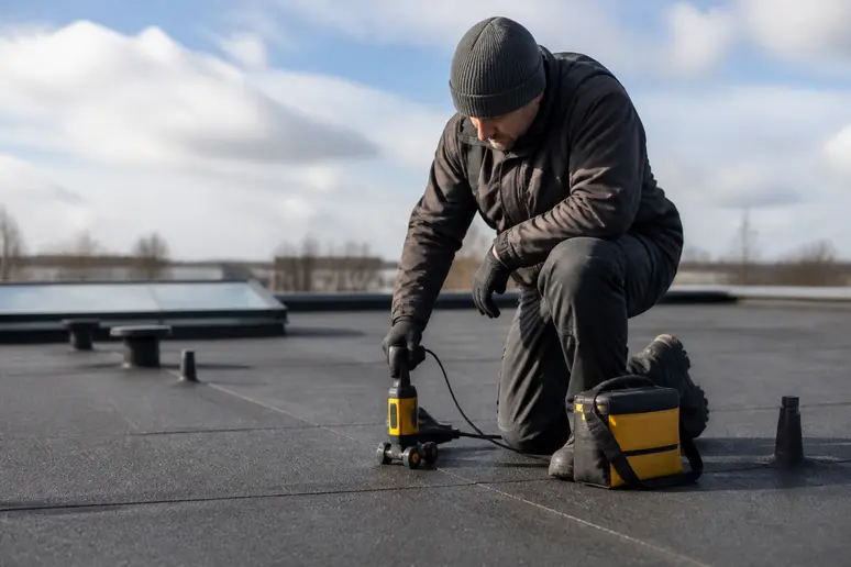 Technicien effectuant un diagnostic par méthode non destructive sur une toiture-terrasse