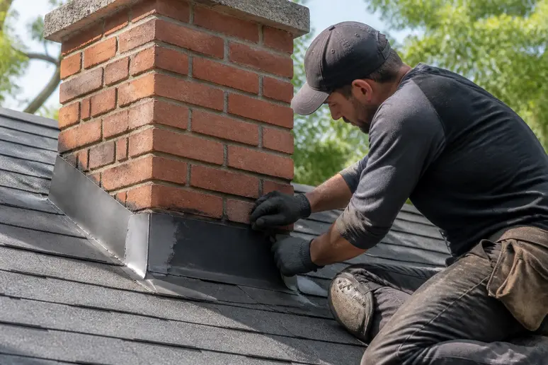 Artisan réalisant la réfection d'un solin de cheminée après recherche de fuite toiture