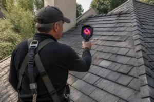 Professionnel effectuant une recherche de fuite toiture avec une caméra thermique sur un toit résidentiel