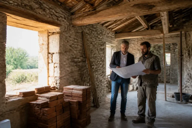 artisan et architecte discutant d un chantier de rénovation maison ancienne Aisne dans une ferme en pierre