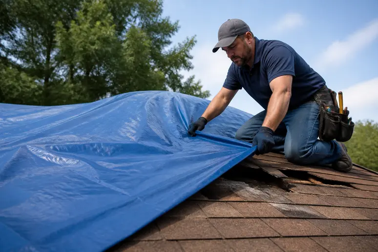 Artisan couvreur fixant une bâche de protection sur une toiture endommagée.