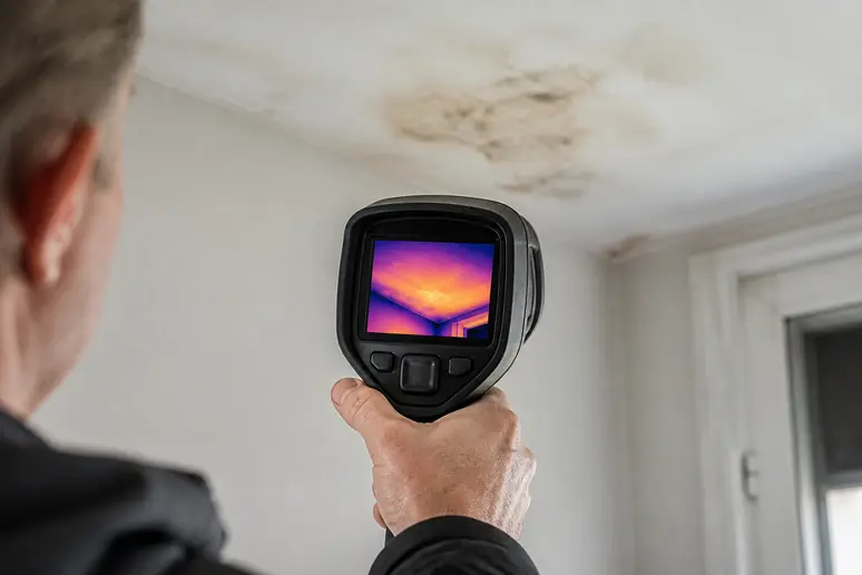 Technicien inspectant un plafond taché d'humidité avec une caméra thermique.