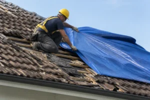 Un couvreur professionnel sécurise une toiture endommagée lors d'une intervention urgente pour une réparation fuite toiture.
