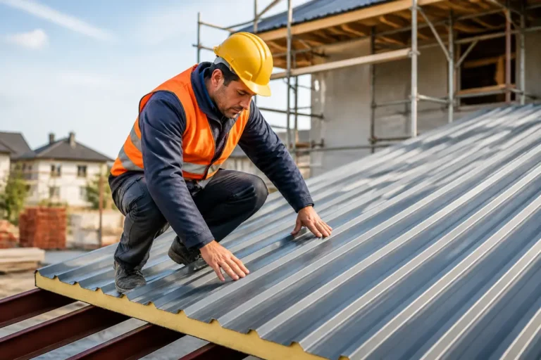 Pose d'une toiture bac acier isolé sur un chantier résidentiel moderne.