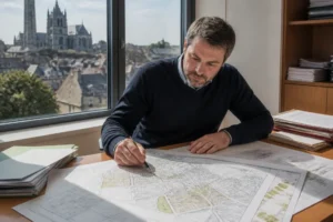 Un agent examine des plans d'urbanisme saint-quentin sur un bureau en bois lumineux