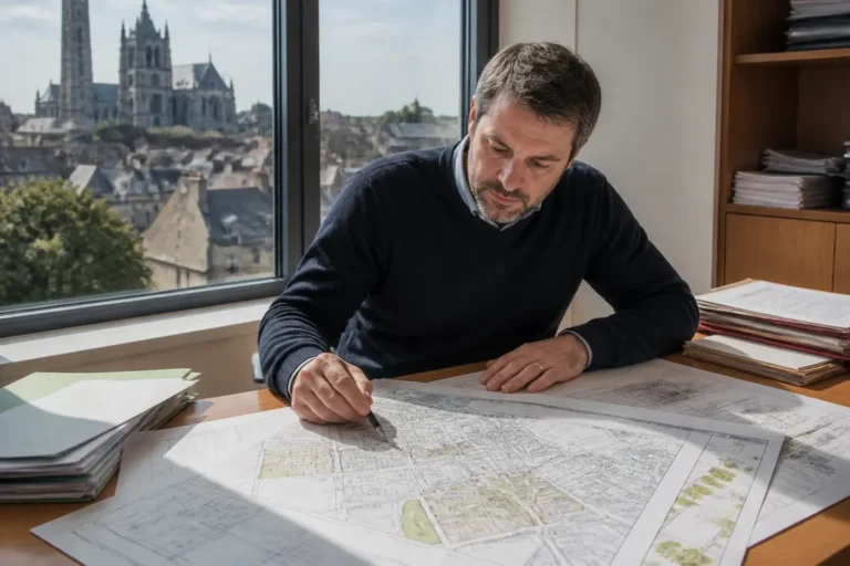 Un agent examine des plans d'urbanisme saint-quentin sur un bureau en bois lumineux