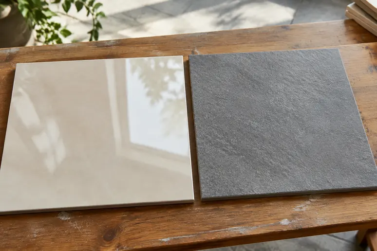 Comparaison de surfaces entre un carrelage 60x60 intérieur lisse et un modèle extérieur antidérapant