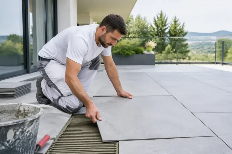 Pose soignée de dalles de sol avec un 60x60 carrelage sur une terrasse moderne