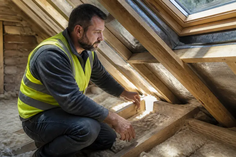 Artisan inspectant l'isolation d'une toiture et la charpente en bois des combles