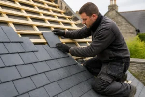 Un artisan couvreur installe de nouvelles tuiles sur un toit dans le cadre d'un chantier d'aide rénovation toiture.