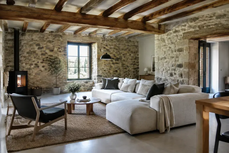 Salon d'une ancienne maison rénovée alliant poutres apparentes et aménagement moderne.
