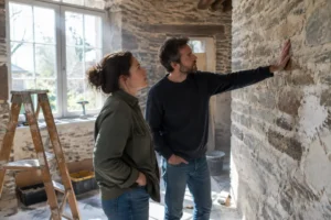 Propriétaires examinant les murs en pierre lors des travaux d'une ancienne maison rénovée.