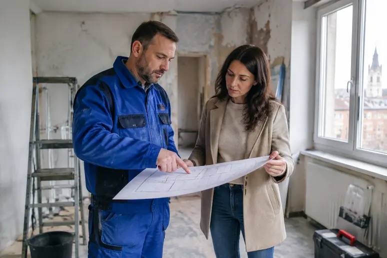 Artisan qualifié à Saint-Quentin consultant des plans lors d'une rénovation intérieure