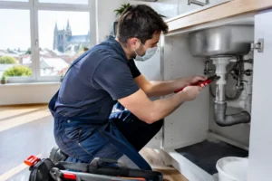 Un artisan saint-quentin répare une canalisation sous un évier lors de travaux de plomberie dans un appartement.