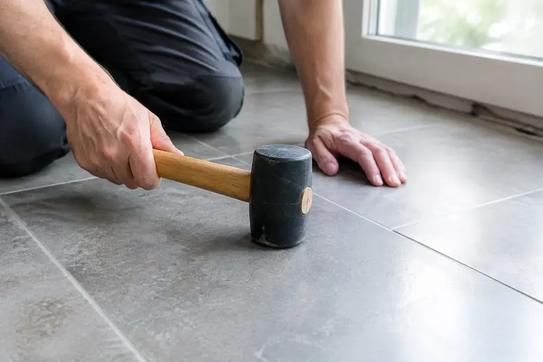Artisan tapotant un ancien carrelage avec un maillet pour repérer les zones sonnant creux