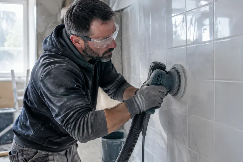 Ponçage d'un carrelage émaillé existant pour garantir l'adhérence de la colle lors de la pose