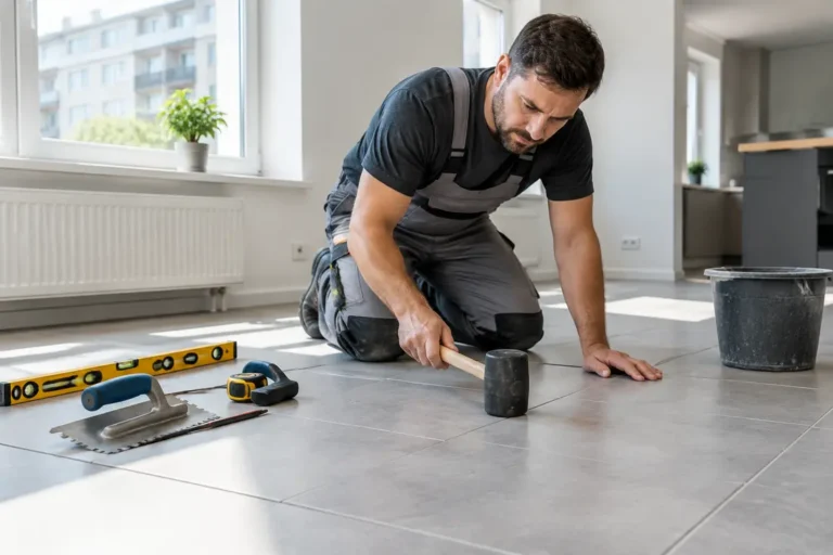 artisan testant un sol avec une spatule avant la pose de colle carrelage sur carrelage