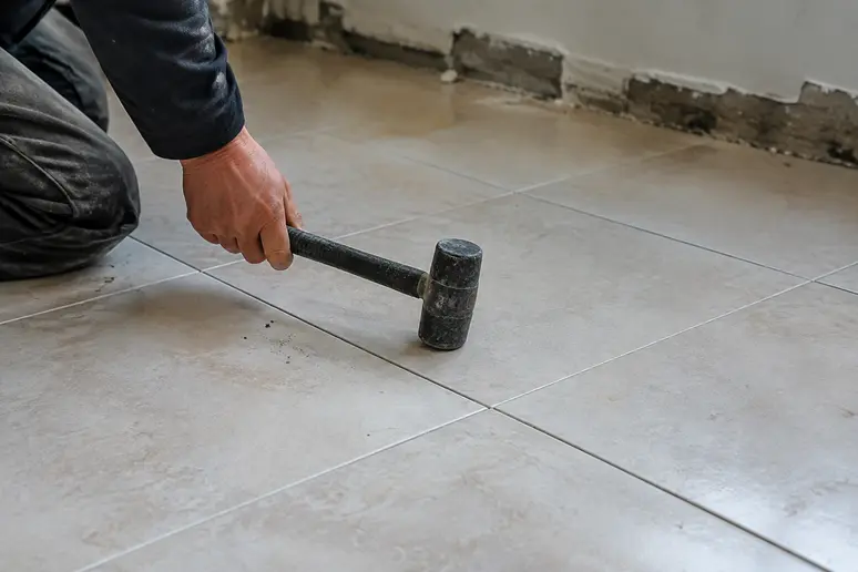 Un artisan teste l'adhérence d'un ancien carrelage en frappant les carreaux pour repérer les zones creuses.
