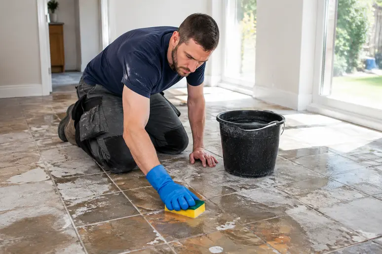Nettoyage minutieux d'un ancien carrelage pour préparer une pose de carrelage sur carrelage sans risque.