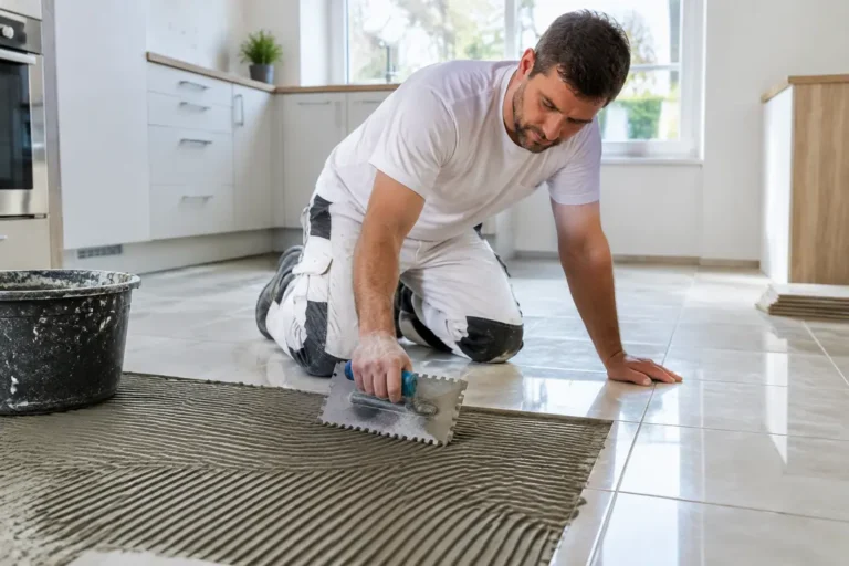 Un artisan applique de la colle pour coller carrelage sur carrelage sur un sol existant