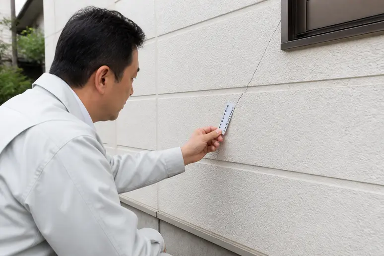 Expert fissure maison mesurant l'ouverture d'une fissure sur un mur extérieur