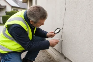 Un expert fissure maison examine attentivement une lézarde sur le mur extérieur d'une habitation.