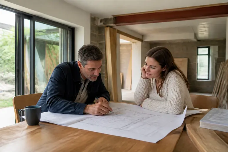 Propriétaire et professionnel étudiant les plans d'une extension de maison sur un chantier.