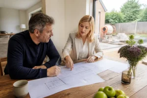 Propriétaires et architecte analysant les plans d'une extension de maison sur une table en bois