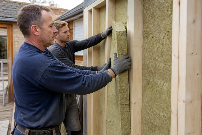 Ouvriers assemblant l ossature en bois d une extension de maison sur un chantier de construction.
