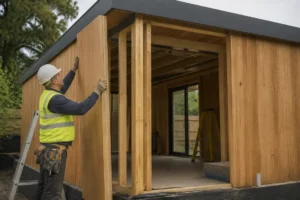 Un ouvrier installe les panneaux d'une extension maison en bois sur un chantier résidentiel lumineux.