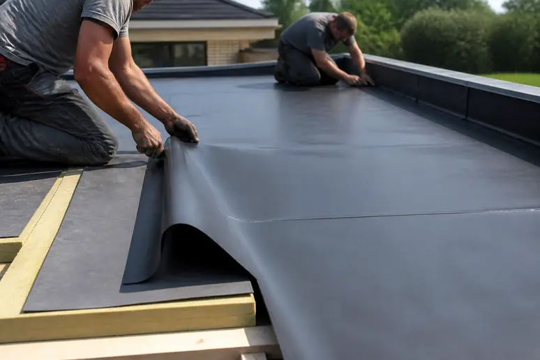 Pose de l'étanchéité et de l'isolation sur une toiture plate en construction.
