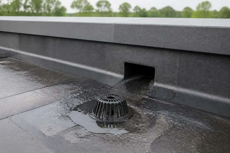 Détail de l'évacuation des eaux pluviales sur une toiture plate d'extension.